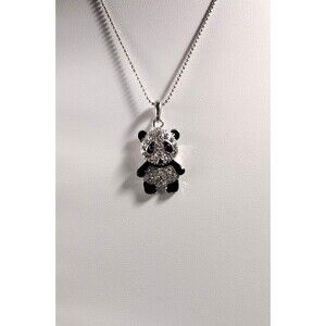 Panda Bear Pendant Necklace Crystal Rhinestone Black Enamel Silver Tone 8"